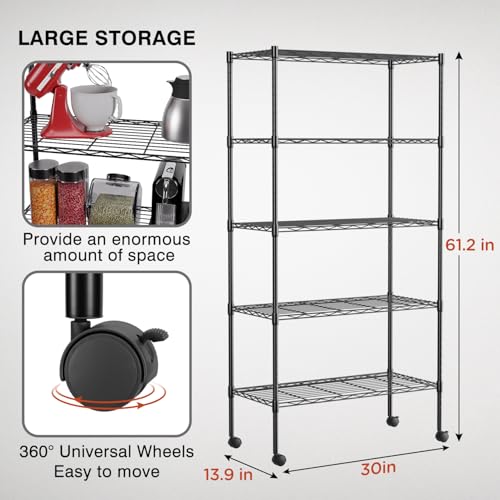 FDW | 5-Tier Wire Shelf with Wheels | 30" x 14" x 61" | Black - color: Black, size: 5-Shelf With Wheels