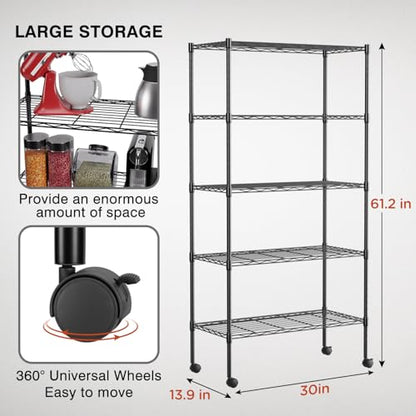 FDW | 5-Tier Wire Shelf with Wheels | 30" x 14" x 61" | Black - color: Black, size: 5-Shelf With Wheels