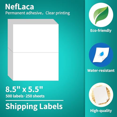 Half Sheet Label,Mailing Label,Address Labels 2-UP,NefLaca White Shipping Labels,250 Sheets in Total(5.5"x 8.5"),Printable Sticker Paper for Laser & Inkjet Printer(500 Labels) - size: 5.5"x 8.5"(2-up), style: 250 sheets
