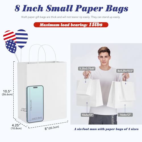 GSSUSA White Paper Bags with Handles, Medium Gift Bags 8x4.25x10.5, 20 Pack - color: White, size: 1 Count (Pack of 20)