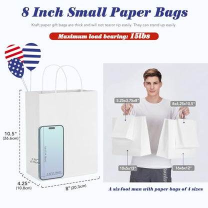 GSSUSA White Paper Bags with Handles, Medium Gift Bags 8x4.25x10.5, 20 Pack - color: White, size: 1 Count (Pack of 20)