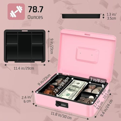 Flexzion Metal Cash Box with Combination Lock - 5-Compartment Petty Cash Box with Money Tray and Lock for Small Business - Removable Money Tray for Bills, Checks & Coins, 11.8"x 9.4"x 3.5", Pink - color: Pink