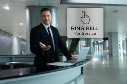 Ring Bell For Service Sign Adhesive Waterproof Sticker or Door Notice, SILVER/GOLD/BLACK engraved with Universal Icon Symbol and Text (Small Size 4.7" x 3.9") (Silver) - size: 5 inches by 4 inches