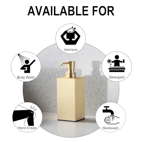 BGL Soap Dispenser Brushed Brass, Refillable Square Soap Dispenser with Premium Aluminium, Rustproof Countertop Soap Dispenser for Bathroom, Kitchen, Home, Hotel – 240 ML - color: Brushed Brass - Countertop