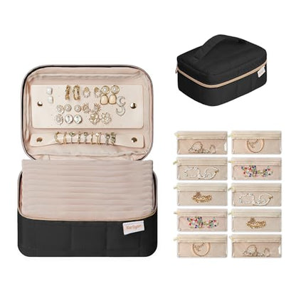 KarSyon Travel Jewelry Case Organizer Boxes with 10 Velvet Zipper Pouches - color: Black, size: Large
