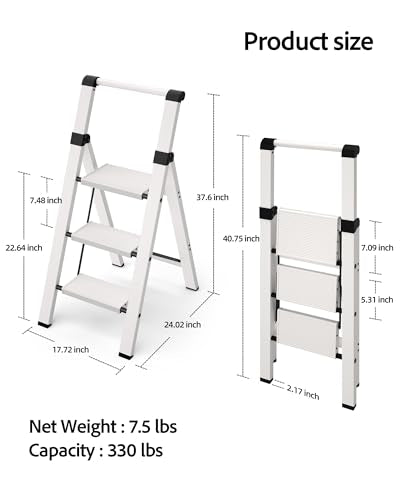 Taranta 3 Step Ladder,Lightweight Aluminum Step Stool Foldable -White - color: White, size: 3 Step