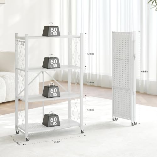 Fenbeli 4-Tier Folding Metal Storage Shelves with Wheels, 600 lb Capacity - color: White, size: 4 Tier