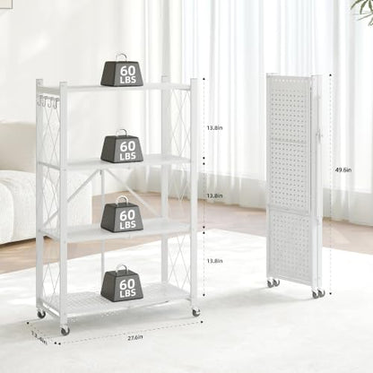 Fenbeli 4-Tier Folding Metal Storage Shelves with Wheels, 600 lb Capacity - color: White, size: 4 Tier