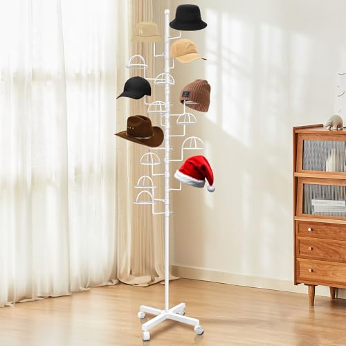 Montex Freestanding Hat Rack Stand, Wig Display Stand, Metal Hat Organizer Rack with 14 Customisable Circular Hooks, Hats Tree Stand Floor Standing Hat Display, White - color: White