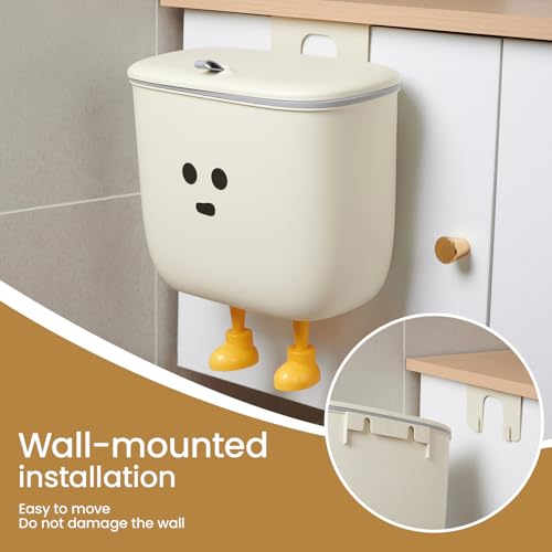 9L Kitchen Compost Bin for Countertop or Under Sink - Hanging Small Trash Can with Lid for Cupboard/Bathroom/Bedroom/Office/Camping, Mountable Indoor Compost Bucket (White)