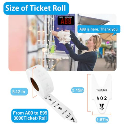 Take-a-Number Tickets for Waiting Line - 5 Rolls, A00-E99, 3000 Tickets/Roll - Take a Turn Tickets for Pickup Counter, Government Office, Reception Desk, Auto Repair Shop