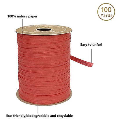Raffia Ribbon for Gift Wrapping, Packing Paper Twine, Raffia Yarn for Crochet - 1/4'' Wide, 100 Yards, Red - color: Red