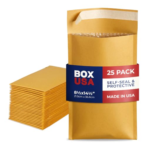 BOX USA 8 1/2 x 14 1/2" Kraft Bubble Mailers (25-Pack) - Brown Padded Envelopes, Self-Seal Shipping Bags for Small Business, Heavy Duty Cushioned Mailing Envelopes for Packaging and Shipping - size: 8-1/2x14" (25-Pack)