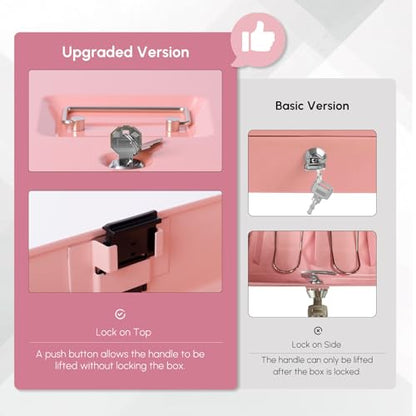 Cash Box with Money Tray and TOP Key & Push-Button Lock, Money Saving Lock Box, Safe Locking Box for Cash Register XL 11.8"x9.45"x3.54" Pink - color: Pink with top key