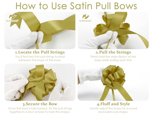 HUIHUANG Gold Christmas Bows for Gift Wrapping 12 PCS Gold Satin Pull Bows - color: Gold, size: 1 Pack (12 bows, 4 in x 8 in)