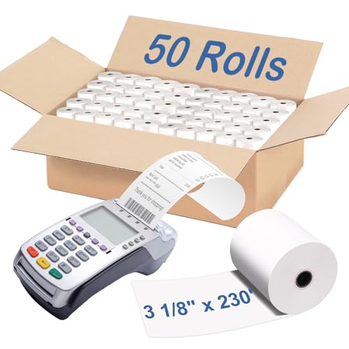 3 1/8'' x 230' Thermal Paper Receipt Roll-Compatible with Clover Mini Flex Verifone VX520 Ingenico ICT220 ICT250 FD400, POS/Cash Register, Fits All Credit Card Terminals, BPA Free, 50 Rolls - size: 3 1/8" x 230' 50 Roll