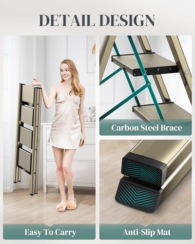 4 Step Ladder, Foldable Aluminum Step Stool with Anti-Slip Pedal - color: Champagne Gold, size: 4 Step