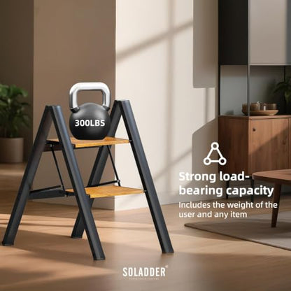 SOLADDER 2 Step Ladder, Folding Step Stool, Black & Woodgrain - color: Black&woodgrain, size: 2 Step