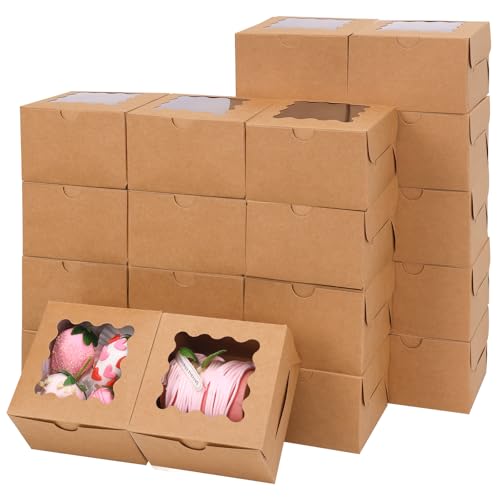 Moretoes 24pcs Small Cookie Boxes with Window, 4x4x2.5In Brown Bakery Boxes - color: Brown