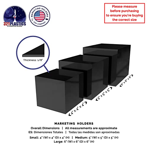 Acrylic Display Riser Boxes 3 Piece Black No Lid Retail Product Riser with Hollow Bottom 4", 5", 6" High Nesting Bins One Open Side Merchandise Storage Box by Marketing Holders - size: Set of 3 Black