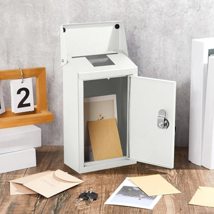 Yaocom Metal Key Drop Box with Lock, 2 Keys for Cash Donation Secure, White - color: White