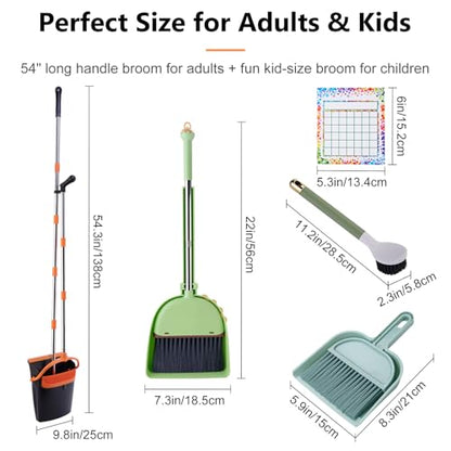 Broom with Dustpan Combo Set for Parent-Child, 5-in-1 Educational Cleaning Tools for Mom and Kids Family Interactive Cleaning Time, 54" Long Handle & Small Fun Broom & Dustpan, Best Household Gift