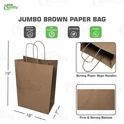 EcoQuality 18 x 7 x 19 Inch Kraft Paper Shopping Bags with Handle, 150 Pack