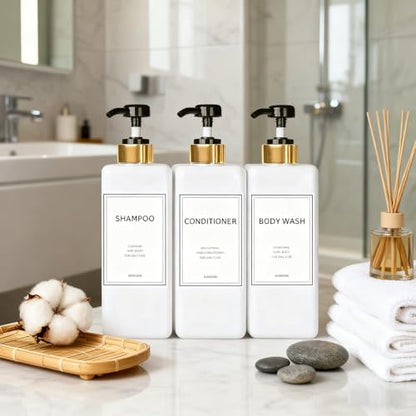 Modern Silver Shampoo and Conditioner Dispenser (21 oz, Pack of 3) Refillable Pump Bottle Set Empty Shower Plastic Bottles with Pump for Bathroom Body Wash Soap and Shower (Gold&Black) - color: Gold&black