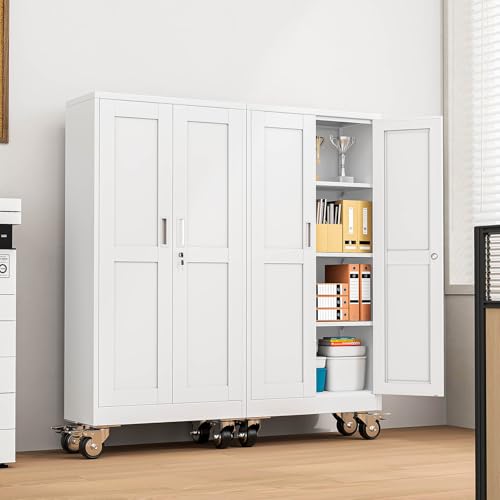 pozdeg 61" White Lockable Rolling Metal Garage Storage Cabinet - color: White, size: 13.78"D x 27.56"W x 61"H