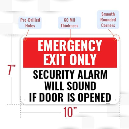 2PC Emergency Exit Only Sign, 10 x 7 Inches - Aluminum - Security Alarm Will Sound If Door Is Opened - color: 10" x 7"