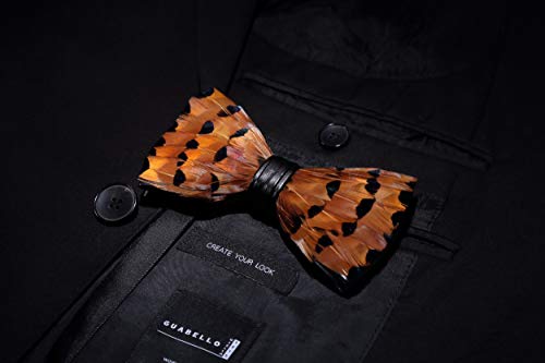 RBOCOTT Handmade Feather Pre-tied Bow tie and Brooch Sets for Men - color: Orange