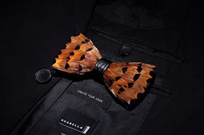 RBOCOTT Handmade Feather Pre-tied Bow tie and Brooch Sets for Men - color: Orange