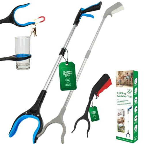 3-Pack Grabber Reacher Tool: 32" Foldable Aluminum (Magnetic) & Stainless Steel Reachers, 12" Mini Iron Grabber, 360° Rotating Trash Picker Upper for Seniors & Daily Use (Blue, Gray, Black) - color: 32"blue&gray+12"black - 3pack