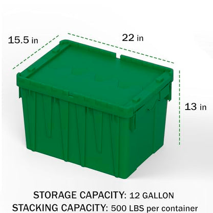 6 Pack Green Attached Lid Tote Box 22 x 16 x 13 Inch, Stackable Plastic Storage Container with Hinged Lids, Heavy Duty Nestable Moving and Shipping Bin for Warehouse, Garage, Kitchen and Logistics Use - color: Green