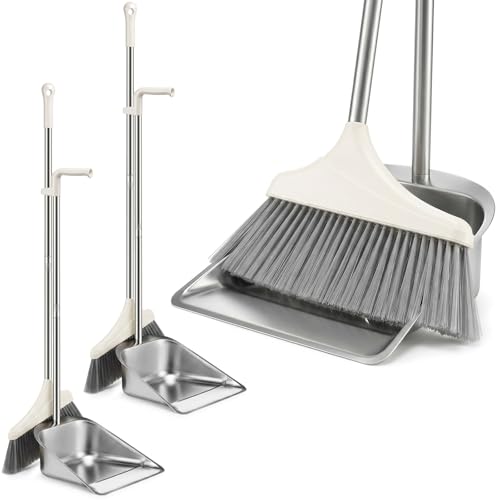 2 Pack Stainless Steel Broom and Dustpan Set Heavy Duty, Long Handle Dustpan with Upright Stand, Angled Bristles for Indoor and Outdoor Home Kitchen Floor Cleaning