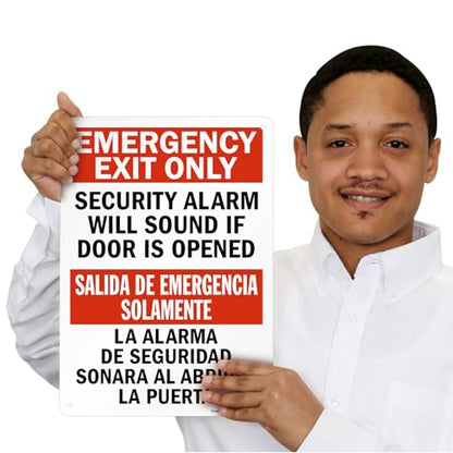 SmartSign "Emergency Exit Only - Security Alarm Will Sound If Door Is Opened" Bilingual Sign | 10" x 14" Plastic