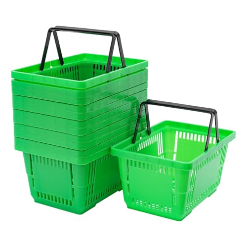 12 Pcs Shopping Baskets w/Handles, Plastic Stackable Shopping Basket 16.9" x 11.8" x 9", Portable PP Basket for Store, Supermarket, Retail, Bookstore, Garden, Home (Green) - color: Green