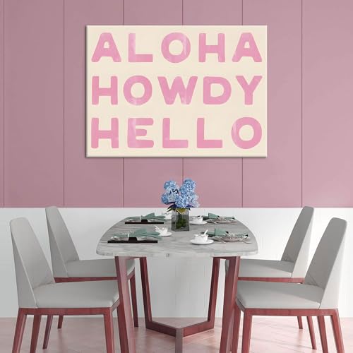 Aloha Howdy Hello Wall Art, Trendy Western Coastal Cowgirl Room Aesthetic Canvas Poster,Preppy Pink Text Pictures Horizontal Funky Bar Cart Prints For Teen Girl Dorm Bedroom Wall Decor Framed (pink,