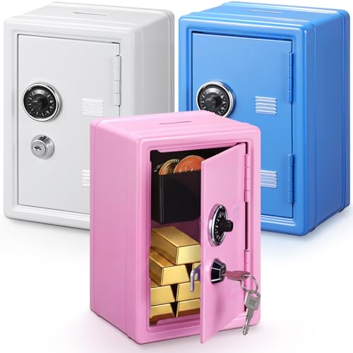 Zonon 3 Pcs Mini Safe for Kids Metal Money Bank, Blue, Pink, Ivory White - color: Blue, Pink, Ivory White
