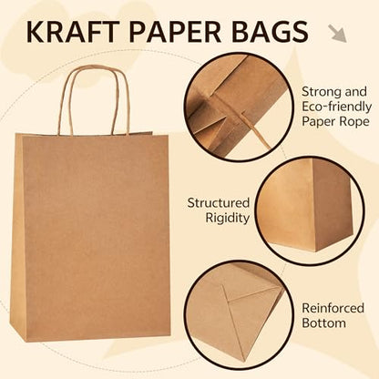 YEEHAW 100 pcs Brown Paper Gift Bags with Handles, 8"x4.5"x10.8", Medium - color: Brown 8x4.5x10.8, size: 1 Count (Pack of 100)