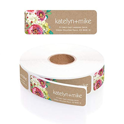 Kraft Faux Look Floral Rolled Address Labels/Roll of 250 Personalized Address Labels/Designer Return Address Stickers in Elegant Plastic Dispenser - size: 250 Labels, style: Kraft Faux Look