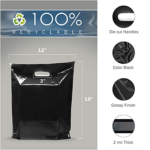12x18 Black Plastic Bags, Medium, Glossy Finish, 2 Mil Thick, 100 Pack