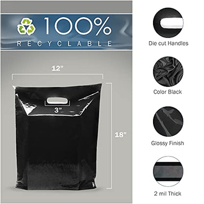 12x18 Black Plastic Bags, Medium, Glossy Finish, 2 Mil Thick, 100 Pack