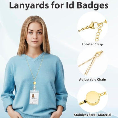 Gold Stainless Steel Lanyards for Id Badges with 2 Holders Retractable Reel - color: Gold