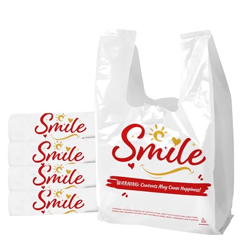 100 Pack White Smile Plastic Bag - 11.5"x6.5"x21" T-Shirt Grocery Bags with Handles, Cheerful Alternative to Thank You Bags, Bulk for Retail, Supermarkets & Small Business