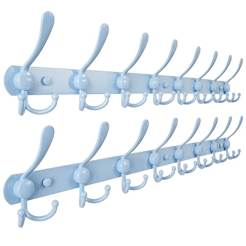 Dseap Coat Rack Wall Mount - 29.5” Long 8-Tri-Hooks Heavy Duty Coat Hanger Rail Wall Hooks for Hanging Coats Hats Clothing Clothes Purse Mudroom Entryway, Blue, Pack of 2 - color: Blue, size: L=29.5” (2 Pcs)