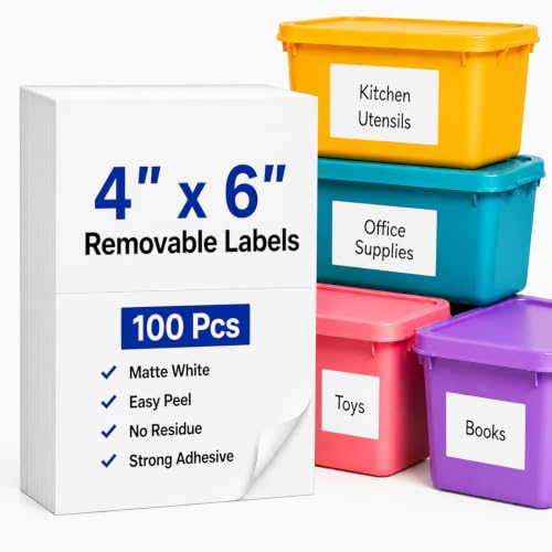 4 x 6 Inch Removable Labels for Storage Bins, 100 Pcs Matte White