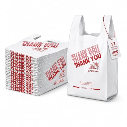 17 Mic T-Shirt Plastic Grocery Bags 12 x 7 x 22, Pack of 400 with Handles