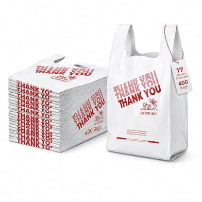 17 Mic T-Shirt Plastic Grocery Bags 12 x 7 x 22, Pack of 400 with Handles