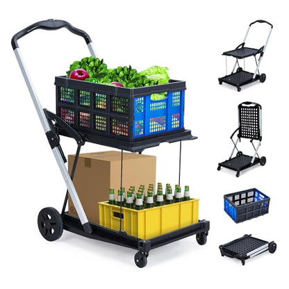 2-Tier Foldable Shopping Trolley - 2 Tier Folding Grocery Carts (198 LB Capacity), Portable Grocery Cart with Wheels & Removable Crate (Blue) - color: Blue